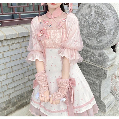 Peach Pink Qi Lolita Kawaii Embroidered Flowers Dress ON473