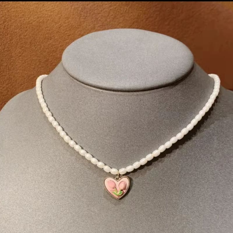 Pearl tulip heart temperament clavicle chain earrings - Egirldoll