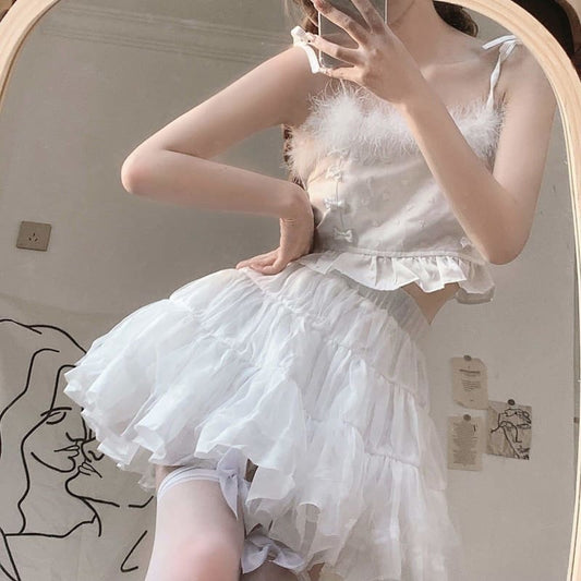 Perfect Cute Bownot Sling Top Short Skirt White Set SS1948 - Egirldoll