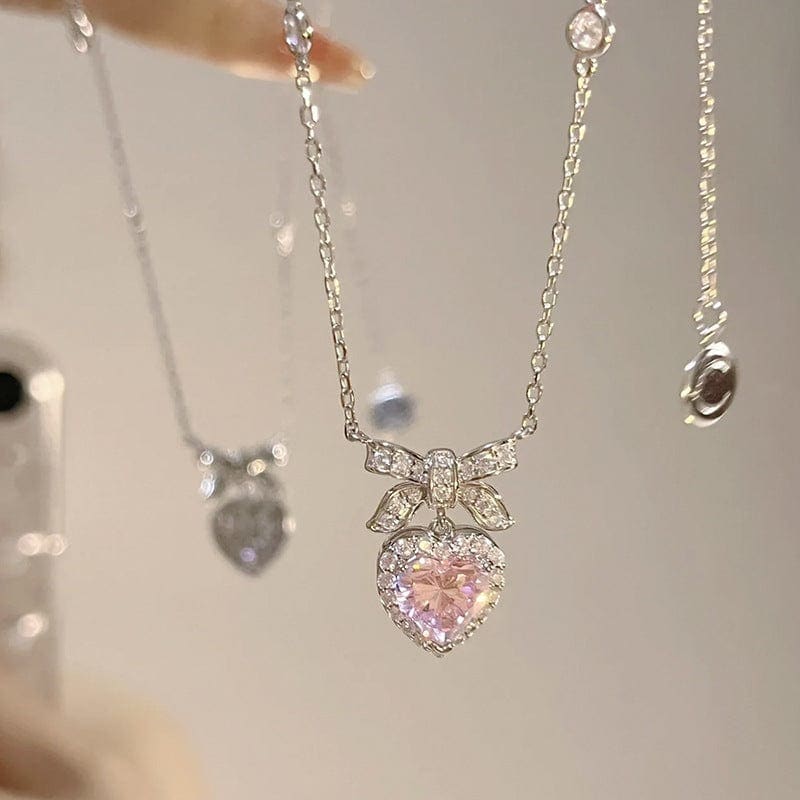 Pink Bowknot Heart Necklace - Egirldoll