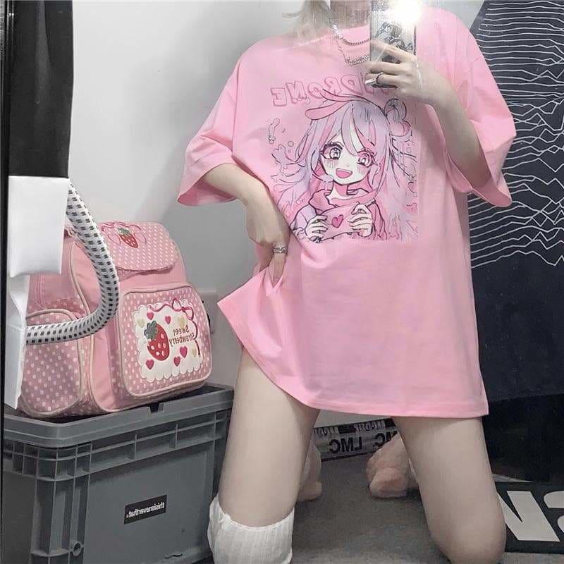 Pink Cute Girl Print Short Sleeve T-shirt SP16008 - Egirldoll