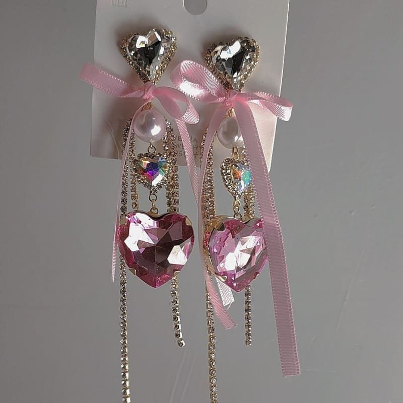 Pink Heart Shaped Bow Earrings ON472 - earrings