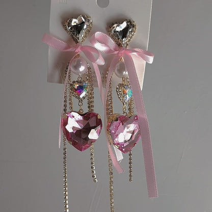 Pink Heart Shaped Bow Earrings ON472 - earrings