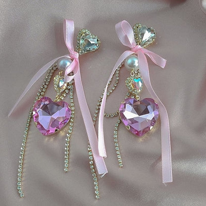 Pink Heart Shaped Bow Earrings ON472 - earrings