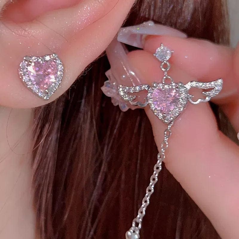 Pink Heart Wings Earrings - Egirldoll