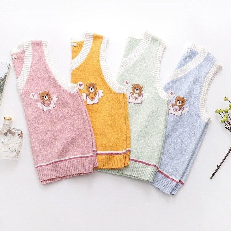 Pink Knitted Vest Bear Embroidery Sweater SP16496 - Egirldoll