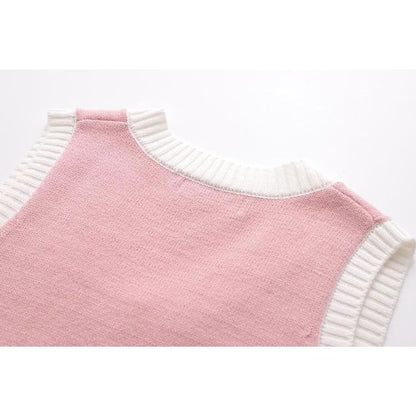 Pink Knitted Vest Bear Embroidery Sweater SP16496 - Egirldoll