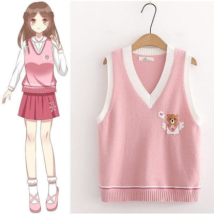 Pink Knitted Vest Bear Embroidery Sweater SP16496 - Egirldoll