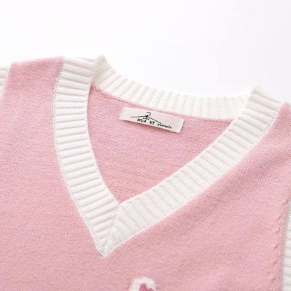 Pink Knitted Vest Bear Embroidery Sweater SP16496 - Egirldoll