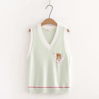 Pink Knitted Vest Bear Embroidery Sweater SP16496 - Egirldoll