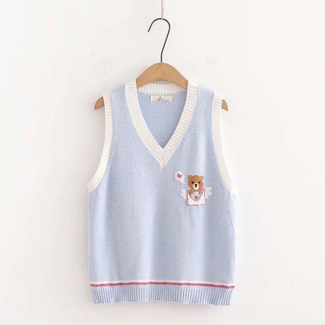 Pink Knitted Vest Bear Embroidery Sweater SP16496 - Egirldoll