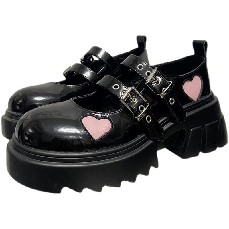 Pink Love Hearts Lolita Kawaii Black Shoes EE0946 - Egirldoll