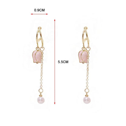 Pink tulip fringe long pearl earrings - Egirldoll