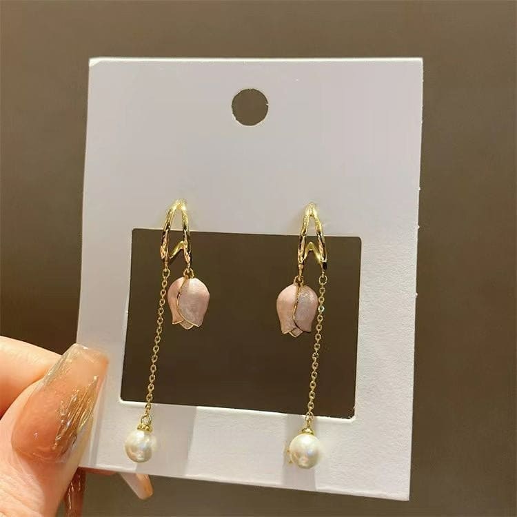 Pink tulip fringe long pearl earrings - Egirldoll