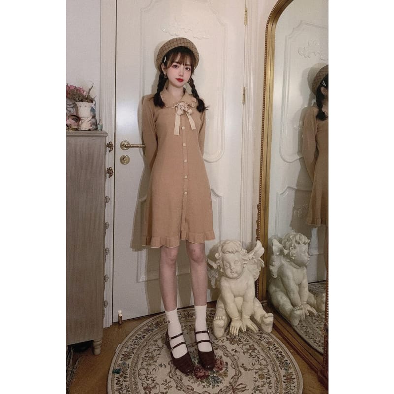 Pink/Beige Korean Elegant Princess Sweet Bow Knitted Dress BE411 - Egirldoll