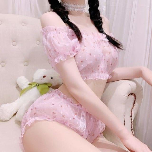 Pink/white Flower Kawaii Summer Pajamas Underwear EG14833 - Egirldoll