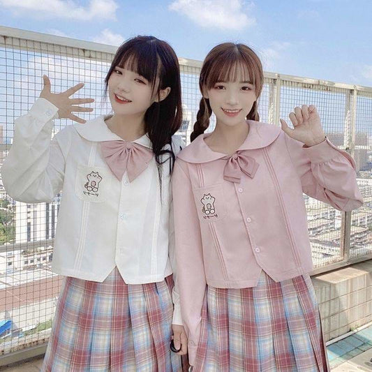 Pink/White Kawaii Embroidery Cute Cat Long Sleeve Sailor Shirt SS1880 - Egirldoll