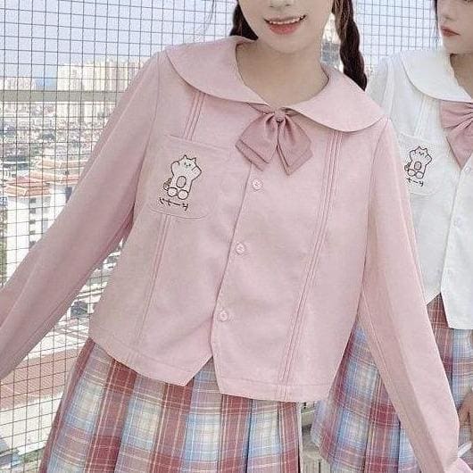 Pink/White Kawaii Embroidery Cute Cat Long Sleeve Sailor Shirt SS1880 - Egirldoll