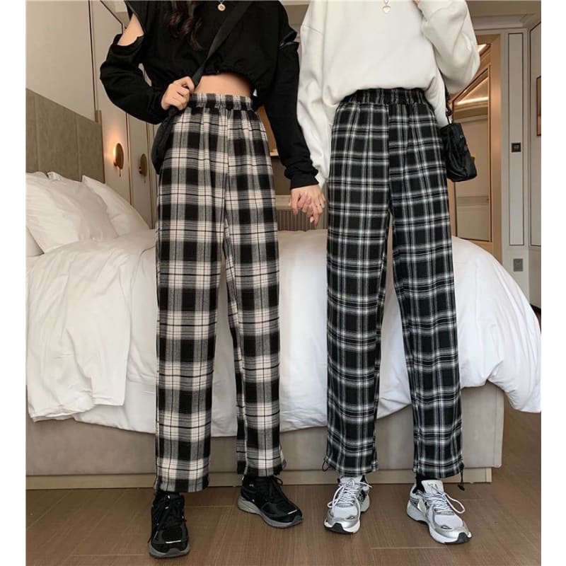 Plaid Check Elastic Waist Harem Pants - Egirldoll