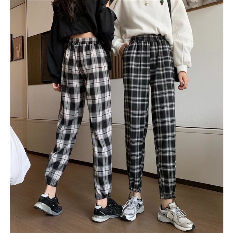 Plaid Check Elastic Waist Harem Pants - Egirldoll