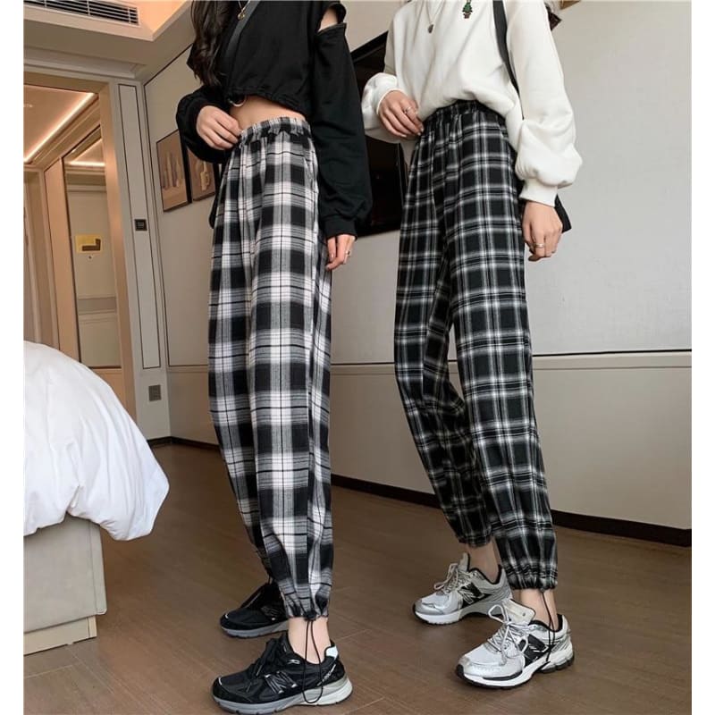 Plaid Check Elastic Waist Harem Pants - Egirldoll