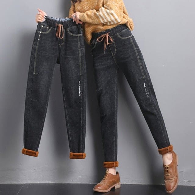 Plus Size Black/Blue Elastic High Waist Drawstring Warm Jeans BE386 - Egirldoll