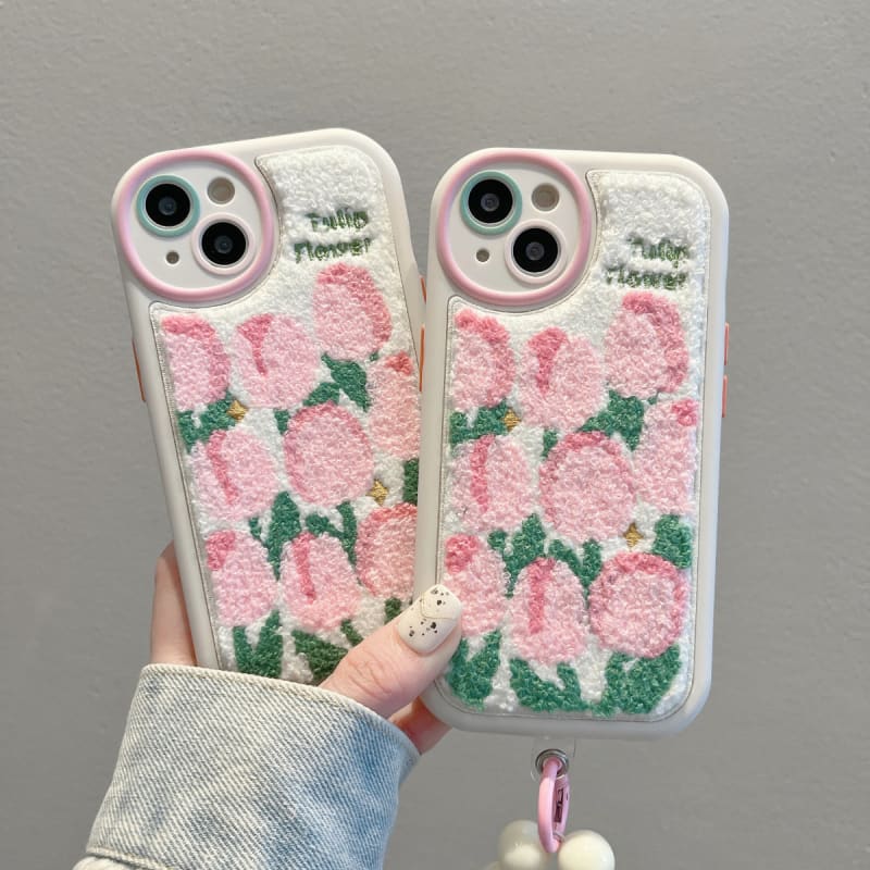Plush embroidered tulip phone case - phone case