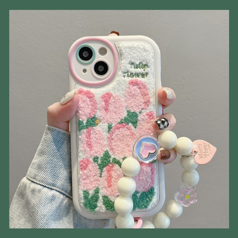 Plush embroidered tulip phone case - with chain / iPhone 14