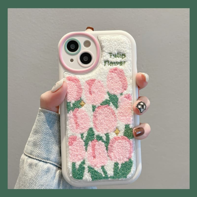 Plush embroidered tulip phone case - without chain / iPhone