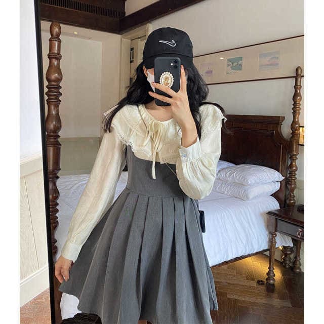 Preppy Style Kawaii Bow Lace Lovely Shirt Sweet Dress Set BE396 - Egirldoll