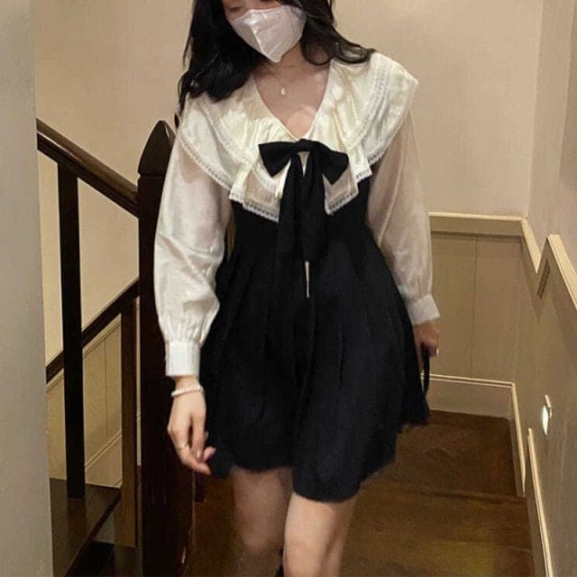 Preppy Style Kawaii Bow Lace Lovely Shirt Sweet Dress Set BE396 - Egirldoll