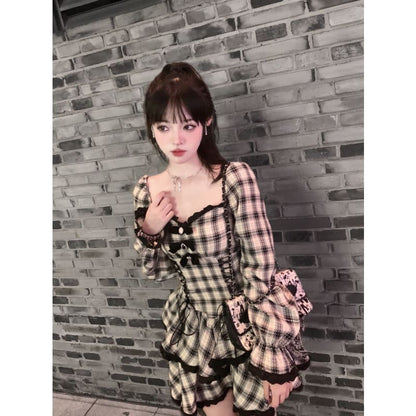 Punk Black and White Plaid Bow Dress ON117 - Egirldoll