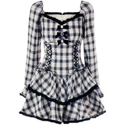 Punk Black and White Plaid Bow Dress ON117 - Egirldoll