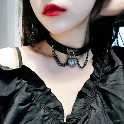 Punk Cool Metal Love Heart-Shaped Lock Collar Leather Chain EG15847 - Egirldoll