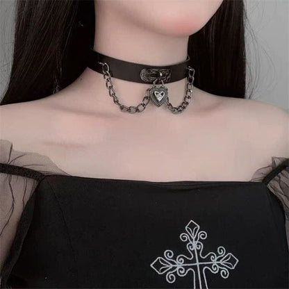 Punk Cool Metal Love Heart-Shaped Lock Collar Leather Chain EG15847 - Egirldoll