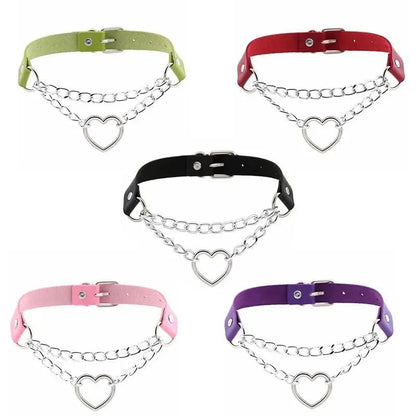 Punk Gothic Leather Choker Metal Chain Heart Necklace EG062 - Egirldoll