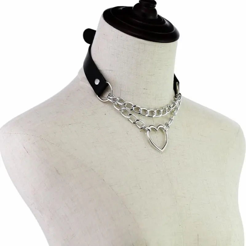 Punk Gothic Leather Choker Metal Chain Heart Necklace EG062 - Egirldoll