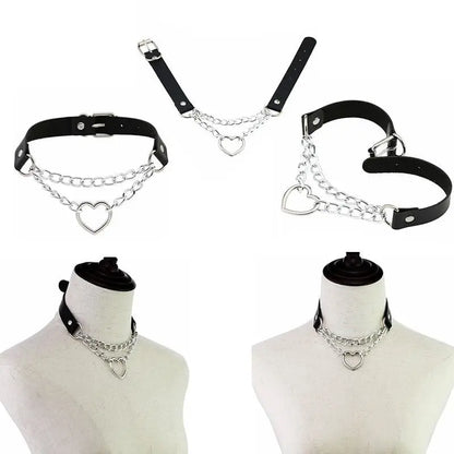 Punk Gothic Leather Choker Metal Chain Heart Necklace EG062 - Egirldoll