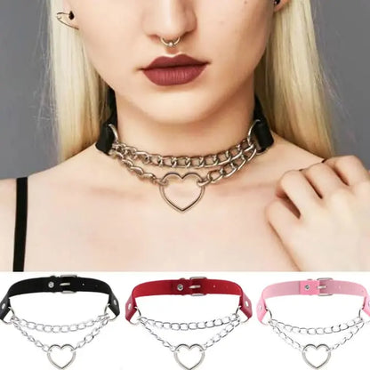 Punk Gothic Leather Choker Metal Chain Heart Necklace EG062 - Egirldoll