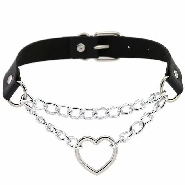 Punk Gothic Leather Choker Metal Chain Heart Necklace EG062 - Egirldoll
