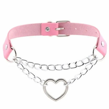 Punk Gothic Leather Choker Metal Chain Heart Necklace EG062 - Egirldoll