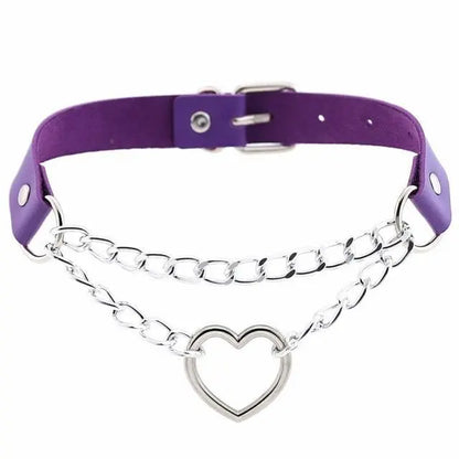 Punk Gothic Leather Choker Metal Chain Heart Necklace EG062 - Egirldoll