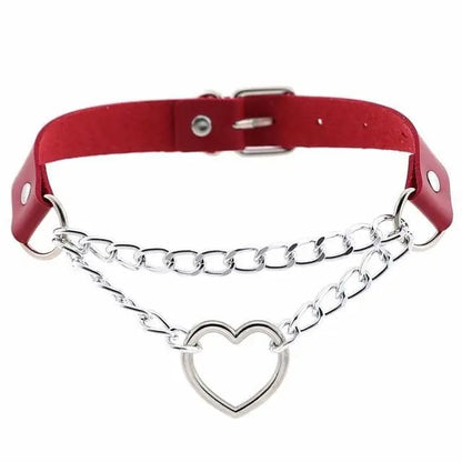 Punk Gothic Leather Choker Metal Chain Heart Necklace EG062 - Egirldoll