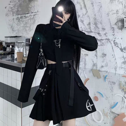 Punk Grunge Gothic Black Suit Blouse Skirt Set EG394 - Egirldoll