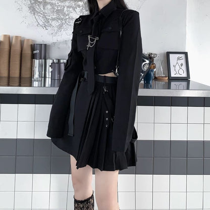 Punk Grunge Gothic Black Suit Blouse Skirt Set EG394 - Egirldoll