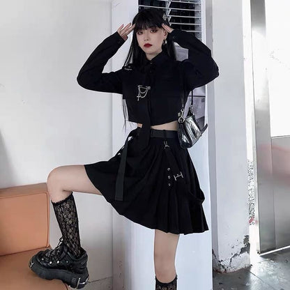 Punk Grunge Gothic Black Suit Blouse Skirt Set EG394 - Egirldoll