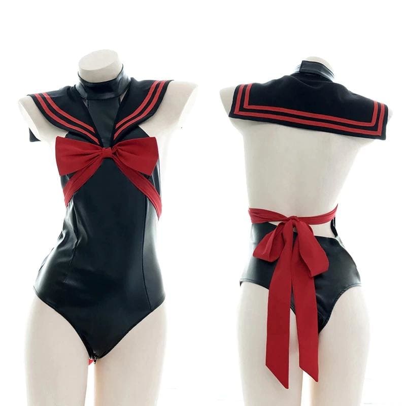 Punk Lolita PU Sailor Collar Turtleneck Bow Bandage Backless Bodysuits EG374 - Egirldoll