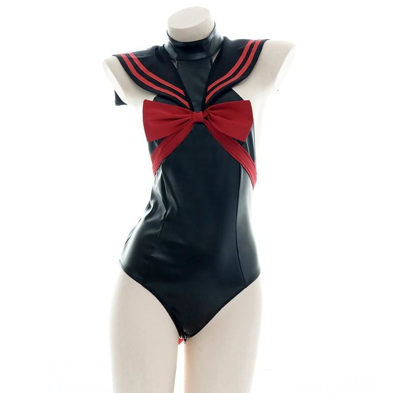 Punk Lolita PU Sailor Collar Turtleneck Bow Bandage Backless Bodysuits EG374 - Egirldoll