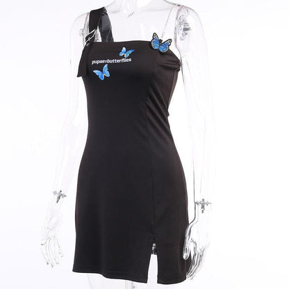 Punk Shoulder Belt Black Butterfly Dress EG373 - Egirldoll