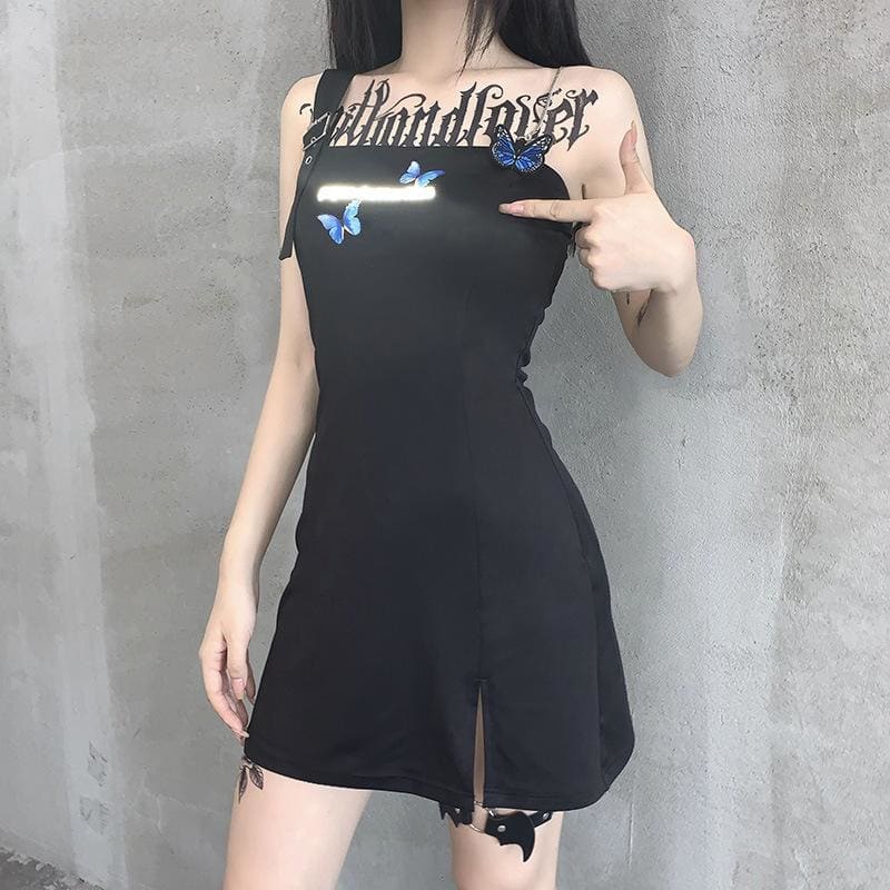 Punk Shoulder Belt Black Butterfly Dress EG373 - Egirldoll
